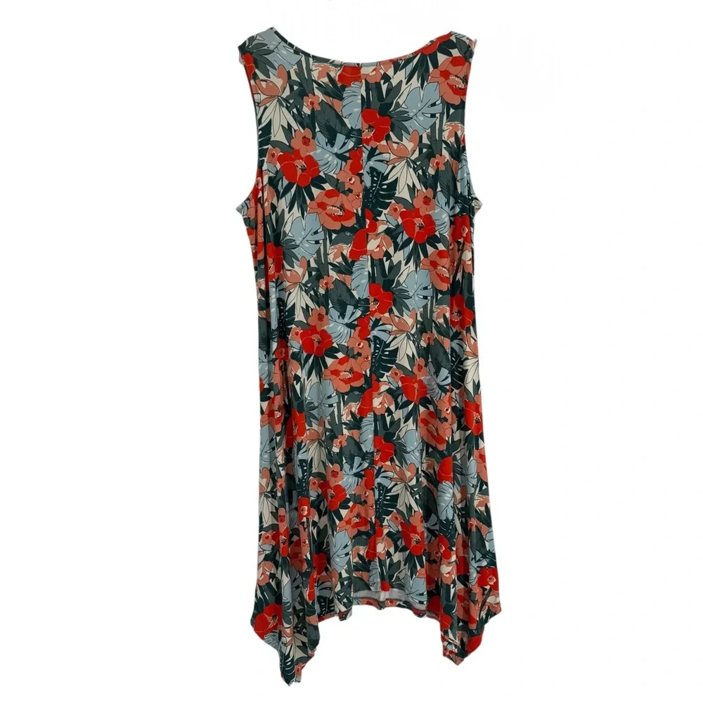 C&C California 2X Midi Maxi Dress Orange Green Tropical Handkerchief Hem Stretch
